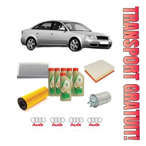 Set Pachet filtre revizie Bosch, 6 litrii ulei Castrol 5W40 AUDI A6 C5 (4B2, 4B4) 2.5 TDI din 2001-2005, 4x Stickere auto cu AUDI