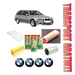 Set Pachet filtre revizie Bosch, 6 litrii ulei Castrol 5W40 BMW Seria 5 Touring (E39) 520 d din 2000-2003, 4x Stickere auto cu BMW