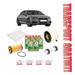 Set Pachet filtre revizie Bosch, 7 litrii ulei Castrol 0W20 AUDI A4 B9 (8W2, 8WC) 3.0 TDI din 2015-2018, 4x Stickere auto cu AUDI