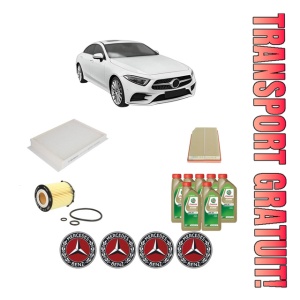 Set Pachet filtre revizie Bosch, 7 litrii ulei Castrol 0W20 MERCEDES-BENZ CLS (C257) CLS 350 EQ Boost 4-matic (257.351) din 2018, 4x Stickere auto cu MERCEDES-BENZ