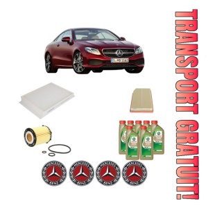 Set Pachet filtre revizie Bosch, 7 litrii ulei Castrol 0W20 MERCEDES-BENZ E-CLASS Coupe (C238) E 300 EQ Boost (238.383) din 2019, 4x Stickere auto cu MERCEDES-BENZ