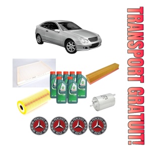 Set Pachet filtre revizie Bosch, 7 litrii ulei Castrol 10W40 MERCEDES-BENZ C-CLASS Coupe (CL203) C 200 Kompressor (203.745) din 2001-2002, 4x Stickere auto cu MERCEDES-BENZ
