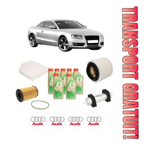 Set Pachet filtre revizie Bosch, 7 litrii ulei Castrol 5W30 AUDI A5 (8T3) 3.0 TDI quattro din 2015-2017, 4x Stickere auto cu AUDI