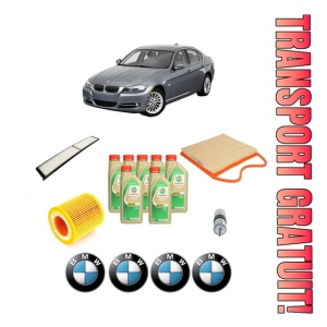Set Pachet filtre revizie Bosch, 7 litrii ulei Castrol 5W30 BMW Seria 3 (E90) 335 i din 2006-2011, 4x Stickere auto cu BMW