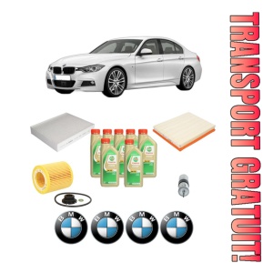 Set Pachet filtre revizie Bosch, 7 litrii ulei Castrol 5W30 BMW Seria 3 (F30, F80) ActiveHybrid din 2012-2015, 4x Stickere auto cu BMW