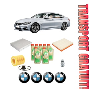Set Pachet filtre revizie Bosch, 7 litrii ulei Castrol 5W30 BMW Seria 4 Gran Coupe (F36) 435 i xDrive din 2014-2016, 4x Stickere auto cu BMW