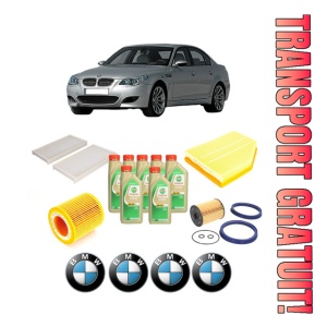 Set Pachet filtre revizie Bosch, 7 litrii ulei Castrol 5W30 BMW Seria 5 (E60) 525 xi din 2005-2007, 4x Stickere auto cu BMW