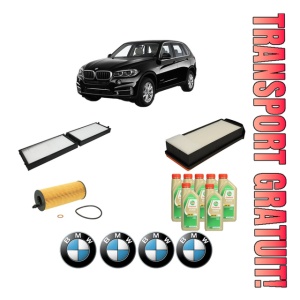 Set Pachet filtre revizie Bosch, 7 litrii ulei Castrol 5W30 BMW Seria X5 (F15, F85) M 50 d din 2013-2018, 4x Stickere auto cu BMW