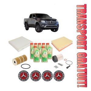 Set Pachet filtre revizie Bosch, 7 litrii ulei Castrol 5W30 MERCEDES-BENZ X-CLASS (470) X 220 d (470.210) din 2017-2020, 4x Stickere auto cu MERCEDES-BENZ