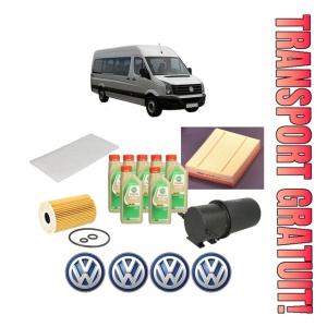 Set Pachet filtre revizie Bosch, 7 litrii ulei Castrol 5W30 Volkswagen CRAFTER 30-35 Bus (2E_) 2.0 TDI din 2011-2016, 4x Stickere auto cu Volkswagen