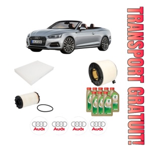 Set Pachet filtre revizie Bosch, 8 litrii ulei Castrol 0W20 AUDI A5 Convertible (F57, F5E) S5 TFSI quattro din 2017, 4x Stickere auto cu AUDI