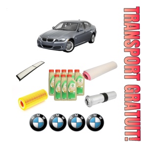 Set Pachet filtre revizie Bosch, 8 litrii ulei Castrol 5W30 BMW Seria 3 (E90) 325 d din 2006-2010, 4x Stickere auto cu BMW