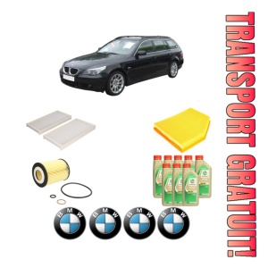 Set Pachet filtre revizie Bosch, 8 litrii ulei Castrol 5W30 BMW Seria 5 Touring (E61) 545 i din 2004-2010, 4x Stickere auto cu BMW