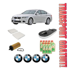 Set Pachet filtre revizie Bosch, 8 litrii ulei Castrol 5W30 BMW Seria 5 (F10) 530 d xDrive din 2011-2016, 4x Stickere auto cu BMW