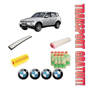 Set Pachet filtre revizie Bosch, 8 litrii ulei Castrol 5W30 BMW Seria X3 (E83) 3.0 d din 2004-2005, 4x Stickere auto cu BMW
