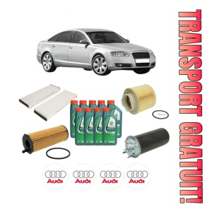 Set Pachet filtre revizie Bosch, 9 litrii ulei Castrol 10W40 AUDI A6 C6 (4F2) 2.7 TDI quattro din 2005-2011, 4x Stickere auto cu AUDI
