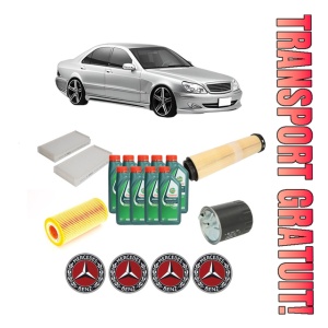 Set Pachet filtre revizie Bosch, 9 litrii ulei Castrol 10W40 MERCEDES-BENZ S-CLASS (W220, V220) S 320 CDI (220.025, 220.125) din 2002-2005, 4x Stickere auto cu MERCEDES-BENZ