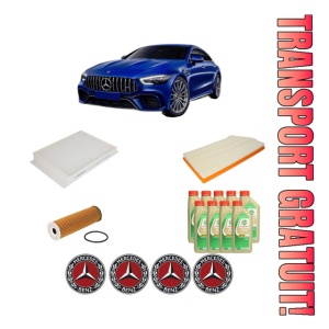 Set Pachet filtre revizie Bosch, 9 litrii ulei Castrol 5W30 MERCEDES-BENZ AMG GT (X290) 53 EQ Boost 4-matic+ (290.661) din 2018, 4x Stickere auto cu MERCEDES-BENZ