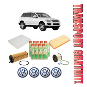 Set Pachet filtre revizie Bosch, 9 litrii ulei Castrol 5W30 Volkswagen TOUAREG (7LA, 7L6, 7L7) 3.0 V6 TDI din 2004-2010, 4x Stickere auto cu Volkswagen