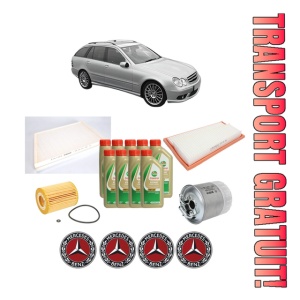 Set Pachet filtre revizie Bosch, 9 litrii ulei Castrol 5W40 MERCEDES-BENZ C-CLASS T-Model (S203) C 320 CDI (203.220) din 2005-2007, 4x Stickere auto cu MERCEDES-BENZ