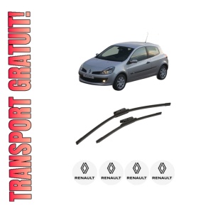 Set stergatoare auto RENAULT CLIO III (BR0/1, CR0/1) din 2005-2014, pentru parbriz auto, 2 bucati, Bosch Aerotwin, din cauciuc siliconat rezistent, 4 Stickere Auto RENAULT