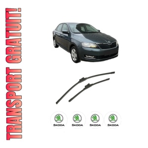 Set stergatoare auto SKODA RAPID (NH3, NK3, NK6) din 2012-2022, pentru parbriz auto, 2 bucati, Bosch Aerotwin, din cauciuc siliconat rezistent, 4 Stickere Auto SKODA
