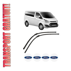 Set stergatoare FORD TRANSIT CUSTOM V362 Bus (F3) din 2012-2023, pentru parbriz auto, 2 bucati, Valeo Silencio, din cauciuc siliconat rezistent, 4 Stickere Auto FORD