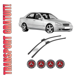 Set stergatoare MERCEDES-BENZ C-CLASS (W203) din 2000-2007, pentru parbriz auto, 2 bucati, Valeo Silencio Xtrm, din cauciuc siliconat rezistent, 4 Stickere Auto MERCEDES-BENZ
