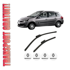 Set stergatoare RENAULT CLIO III Grandtour (KR0/1_) din 2007-2014, pentru parbriz auto, 2 bucati, Bosch Aerotwin, din cauciuc siliconat rezistent, 4 Stickere Auto RENAULT