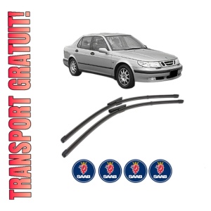 Set stergatoare SAAB 9-5 (YS3E) din 1997-2009, pentru parbriz auto, 2 bucati, Valeo Silencio Xtrm, din cauciuc siliconat rezistent, 4 Stickere Auto SAAB