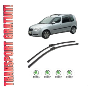 Set stergatoare SKODA ROOMSTER Praktik (5J) din 2007-2015, pentru parbriz auto, 2 bucati, Valeo Silencio Xtrm, din cauciuc siliconat rezistent, 4 Stickere Auto SKODA