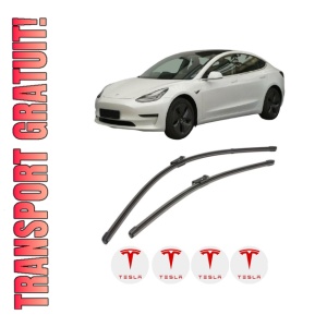 Set stergatoare TESLA MODEL 3 (5YJ3) din 2017-2024, pentru parbriz auto, 2 bucati, Valeo Silencio Xtrm, din cauciuc siliconat rezistent, 4 Stickere Auto TESLA