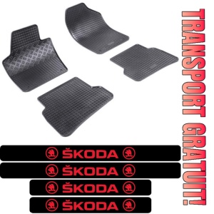 Covorase Skoda Fabia III, Hatchback, din 11.2014 - prezent si set 4 stickere protectie praguri Skoda