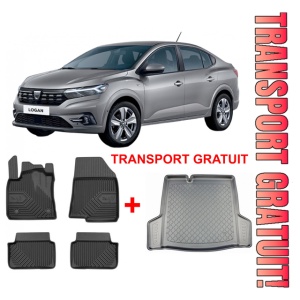 Dacia Logan III Din 01.2021 - Prezent, Sedan , Set Covorase Auto Tip Tavita + tavita pentru portbagaj Premium 3D, din cauciuc