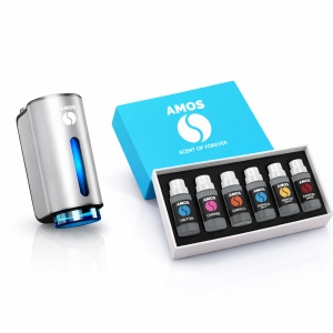 Difuzor parfum auto AMOS Mini Blue, 1 set rezerve parfum 7 arome, odorizant inteligent, arome intense, 3 trepte intensitate