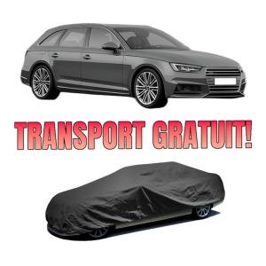 Husa tip prelata auto AUDI A4 B9 Avant (8W5, 8WD) din 2015-2021, Culoare Negru, material textil impermeabil, rezistanta la intemperii praf UV, CARPASSION Husa Protectie, 4 Stickere auto cu AUDI