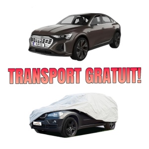 Husa tip prelata auto AUDI Q8 E-TRON Sportback (GET) din 2022, Culoare Gri, material textil impermeabil, rezistanta la intemperii praf UV, CARPASSION Husa Protectie, 4 Stickere auto cu AUDI
