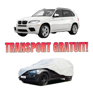 Husa tip prelata auto BMW X5 (E70) din 2006-2013, Culoare Gri, material textil impermeabil, rezistanta la intemperii praf UV, CARPASSION Husa Protectie, 4 Stickere auto cu BMW