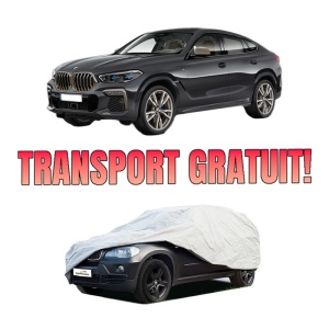 Husa tip prelata auto BMW X6 (G06, F96) din 2019-2023, Culoare Gri, material textil impermeabil, rezistanta la intemperii praf UV, CARPASSION Husa Protectie, 4 Stickere auto cu BMW