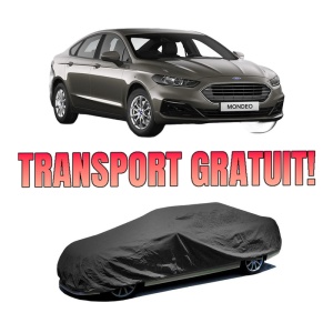 Husa tip prelata auto FORD MONDEO V Saloon (CD) din 2012-2019, Culoare Negru, material textil impermeabil, rezistanta la intemperii praf UV, CARPASSION Husa Protectie, 4 Stickere auto cu FORD