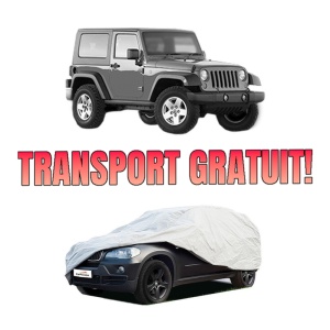Husa tip prelata auto JEEP WRANGLER III (JK) din 2006-2015, Culoare Gri, material textil impermeabil, rezistanta la intemperii praf UV, CARPASSION Husa Protectie, 4 Stickere auto cu JEEP