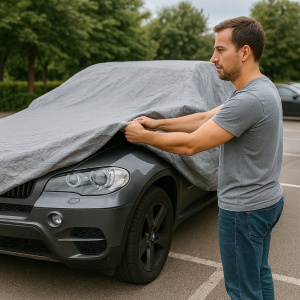 Husa tip prelata auto KIA CARENS I MPV (FC, FJ) din 2000-2007, Culoare Gri, material textil impermeabil, rezistanta la intemperii praf UV, CARPASSION Husa Protectie, 4 Stickere auto cu KIA - Img 7