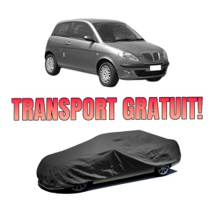 Husa tip prelata auto LANCIA YPSILON (843_) din 2003-2011, Culoare Negru, material textil impermeabil, rezistanta la intemperii praf UV, CARPASSION Husa Protectie, 4 Stickere auto cu LANCIA