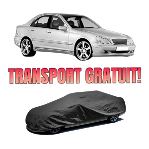 Husa tip prelata auto MERCEDES-BENZ C-CLASS (W203) din 2000-2007, Culoare Negru, material textil impermeabil, rezistanta la intemperii praf UV, CARPASSION Husa Protectie, 4 Stickere auto cu MERCEDES-BENZ