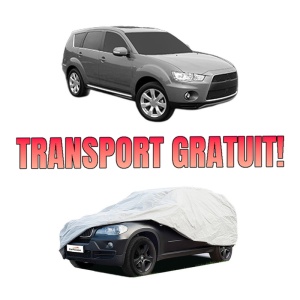 Husa tip prelata auto MITSUBISHI OUTLANDER II Van (CW_W) din 2006-2012, Culoare Gri, material textil impermeabil, rezistanta la intemperii praf UV, CARPASSION Husa Protectie, 4 Stickere auto cu MITSUBISHI