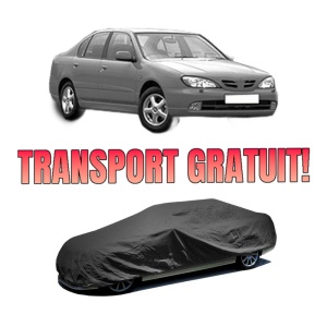 Husa tip prelata auto NISSAN PRIMERA (P11) din 1996-2001, Culoare Negru, material textil impermeabil, rezistanta la intemperii praf UV, CARPASSION Husa Protectie, 4 Stickere auto cu NISSAN