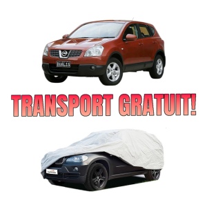 Husa tip prelata auto NISSAN QASHQAI I (J10, NJ10) din 2006-2014, Culoare Gri, material textil impermeabil, rezistanta la intemperii praf UV, CARPASSION Husa Protectie, 4 Stickere auto cu NISSAN