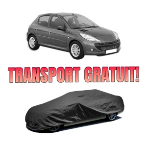 Husa tip prelata auto PEUGEOT 206+ (2L_, 2M_) din 2009-2013, Culoare Negru, material textil impermeabil, rezistanta la intemperii praf UV, CARPASSION Husa Protectie, 4 Stickere auto cu PEUGEOT
