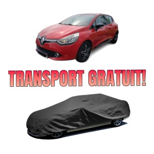 Husa tip prelata auto RENAULT CLIO IV (BH_) din 2012-2021, Culoare Negru, material textil impermeabil, rezistanta la intemperii praf UV, CARPASSION Husa Protectie, 4 Stickere auto cu RENAULT