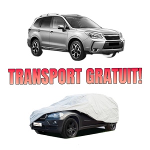Husa tip prelata auto SUBARU FORESTER (SJ_) din 2012-2013, Culoare Gri, material textil impermeabil, rezistanta la intemperii praf UV, CARPASSION Husa Protectie, 4 Stickere auto cu SUBARU